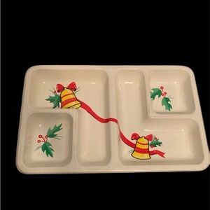 Vintage Christmas Holiday divided chip & dip tray.  Bells holly servingware